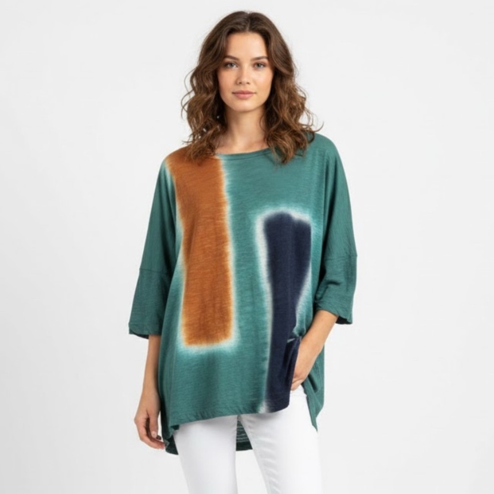 Gilda Midani NWT Teal Navy Tan Hand Painted Oversized Tee Cotton Size Medium